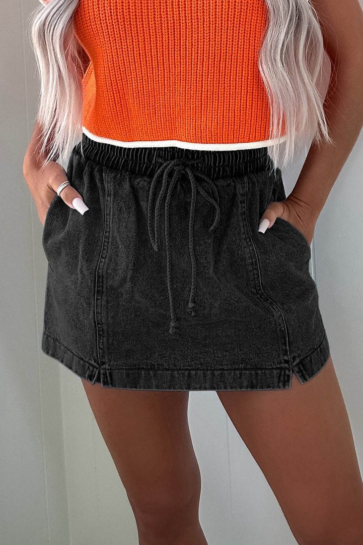 Black Drawstring High Waist Pocketed Denim Shorts - Fashion Queen -  4