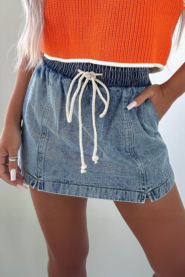 Black Drawstring High Waist Pocketed Denim Shorts - Fashion Queen -  7