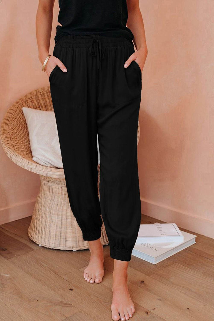 Black Drawstring Pocketed Cropped Jogger Pants - Fashion Queen -  1