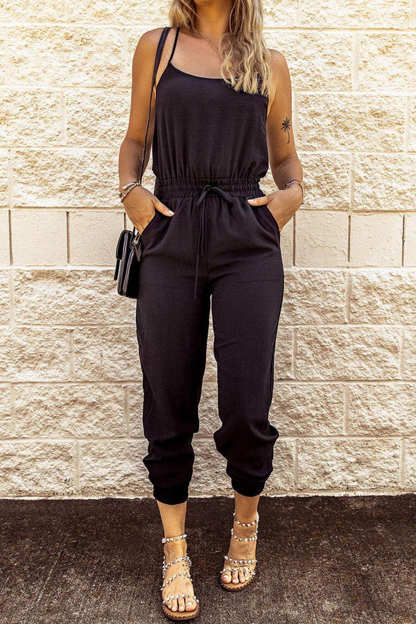 Black Drawstring Waist Spaghetti Straps Jumpsuit - Fashion Queen -  1