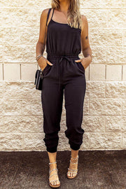 Black Drawstring Waist Spaghetti Straps Jumpsuit - Fashion Queen -  1
