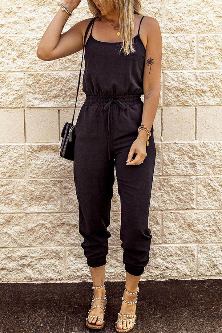 Black Drawstring Waist Spaghetti Straps Jumpsuit - Fashion Queen -  2