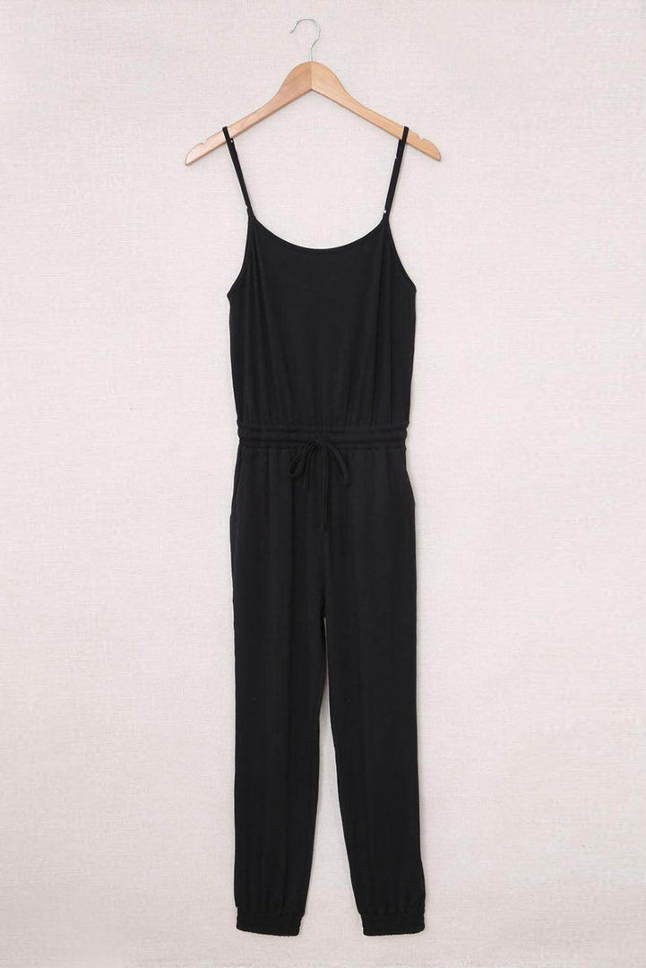 Black Drawstring Waist Spaghetti Straps Jumpsuit - Fashion Queen -  4