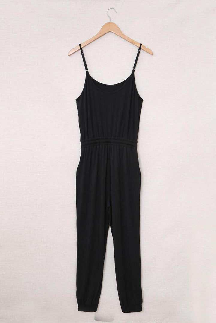 Black Drawstring Waist Spaghetti Straps Jumpsuit - Fashion Queen -  5