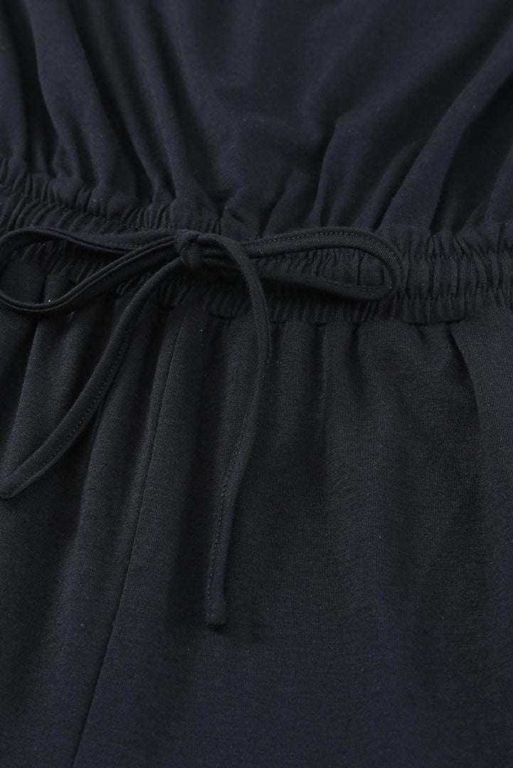 Black Drawstring Waist Spaghetti Straps Jumpsuit - Fashion Queen -  6