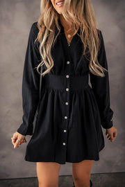 Black Elastic Cinched High Waist Long Sleeve Shirt Mini Dress - Fashion Queen -  1