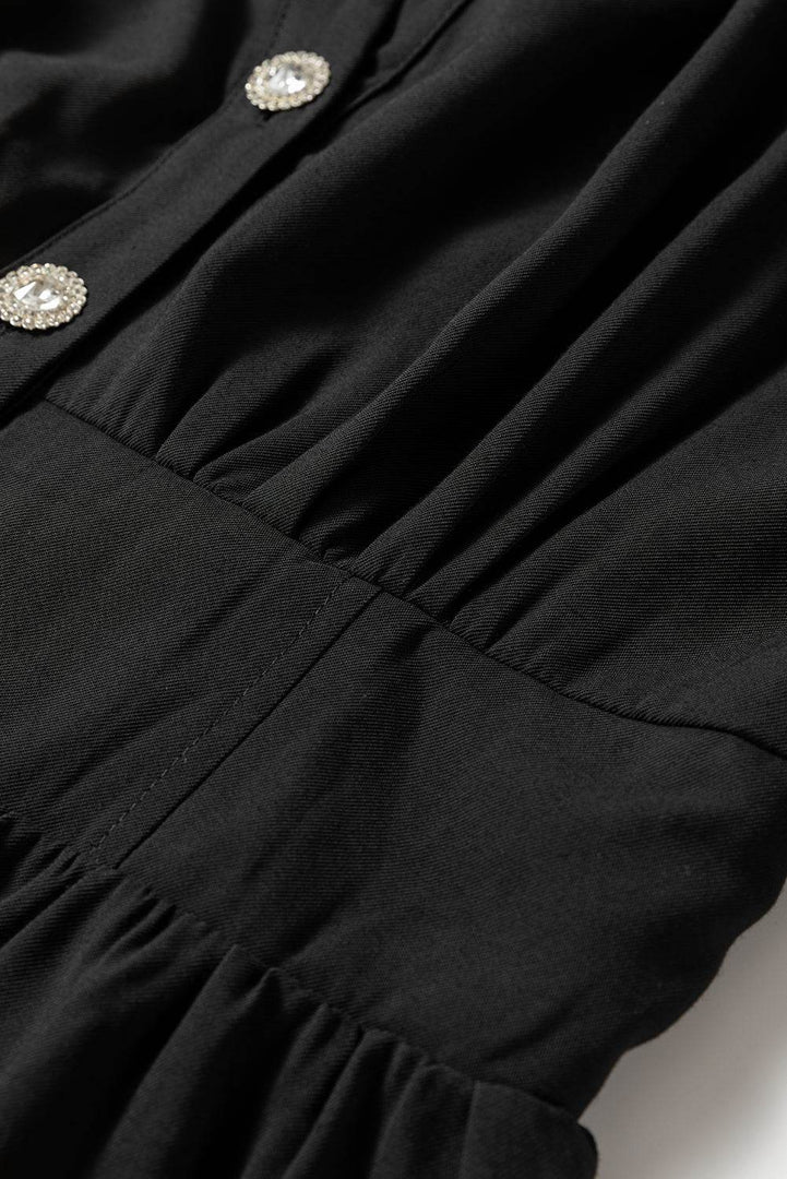 Black Elastic Cinched High Waist Long Sleeve Shirt Mini Dress - Fashion Queen -  10