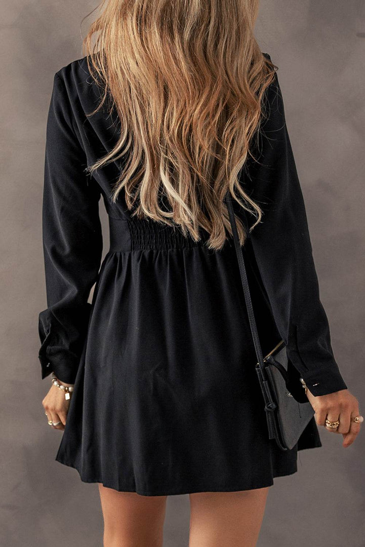 Black Elastic Cinched High Waist Long Sleeve Shirt Mini Dress - Fashion Queen -  2