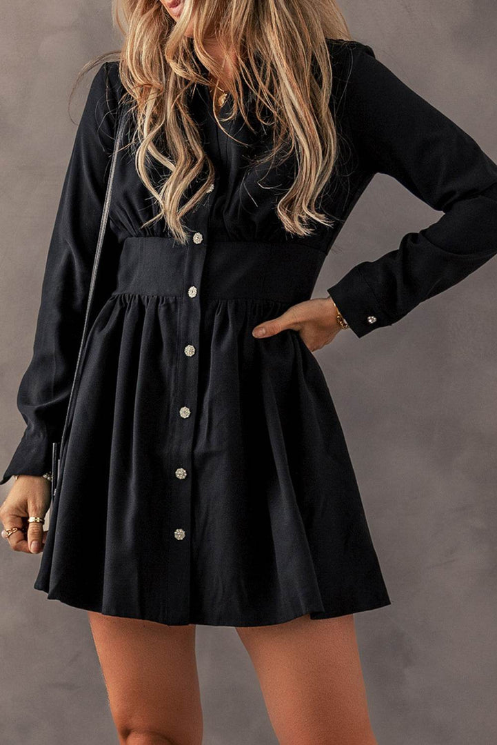 Black Elastic Cinched High Waist Long Sleeve Shirt Mini Dress - Fashion Queen -  3