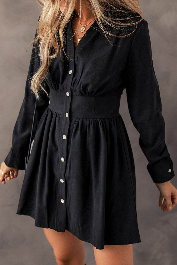 Black Elastic Cinched High Waist Long Sleeve Shirt Mini Dress - Fashion Queen -  5