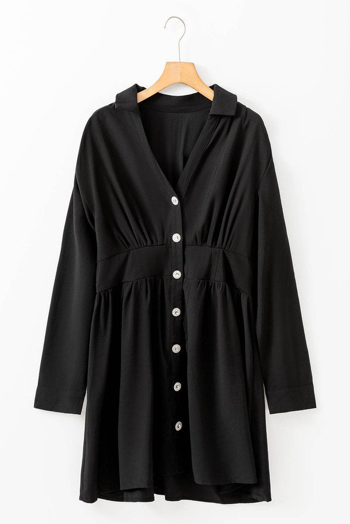 Black Elastic Cinched High Waist Long Sleeve Shirt Mini Dress - Fashion Queen -  6