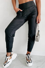 Black Exposed Seam High Waist Pocketed Joggers - Fashion Queen -  1