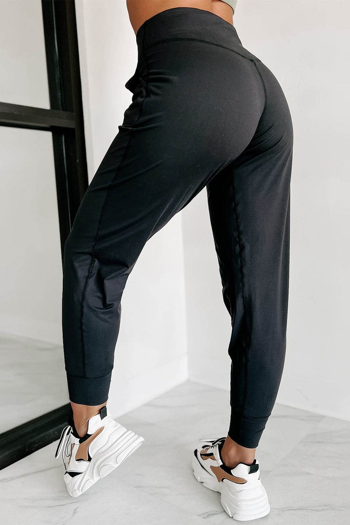Black Exposed Seam High Waist Pocketed Joggers - Fashion Queen -  2