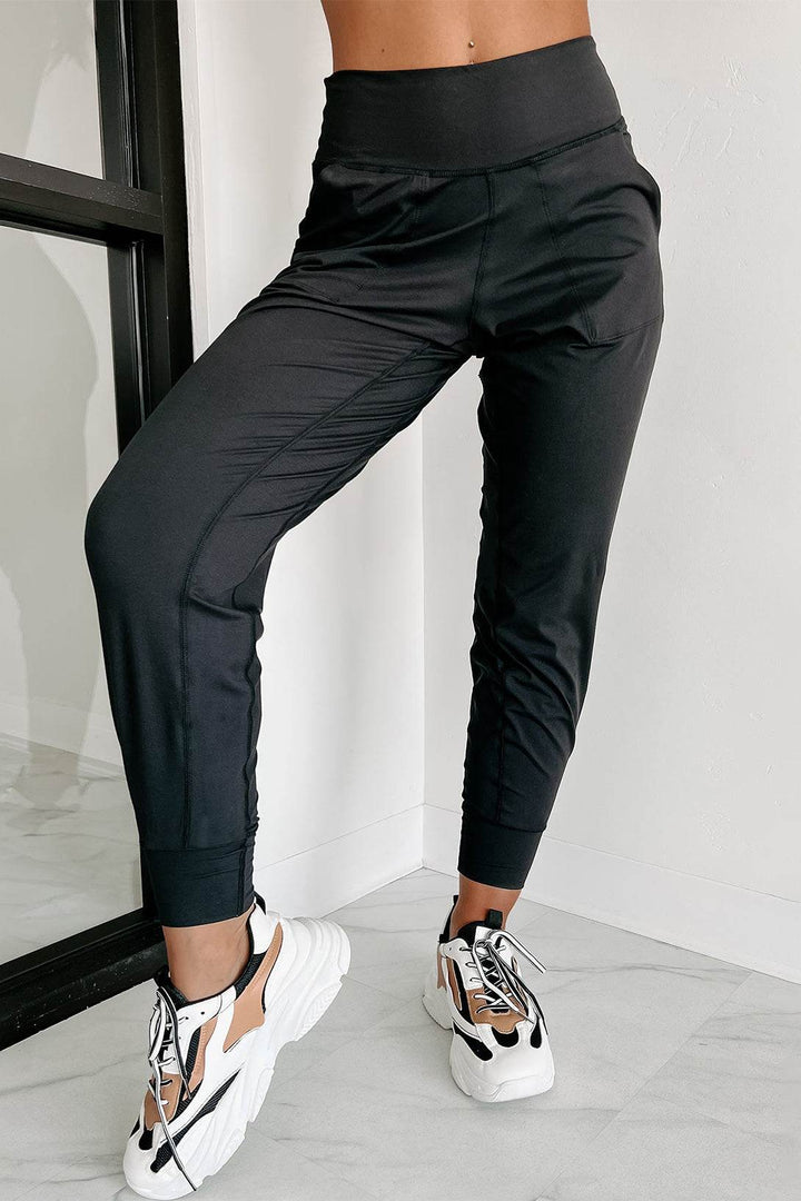 Black Exposed Seam High Waist Pocketed Joggers - Fashion Queen -  4