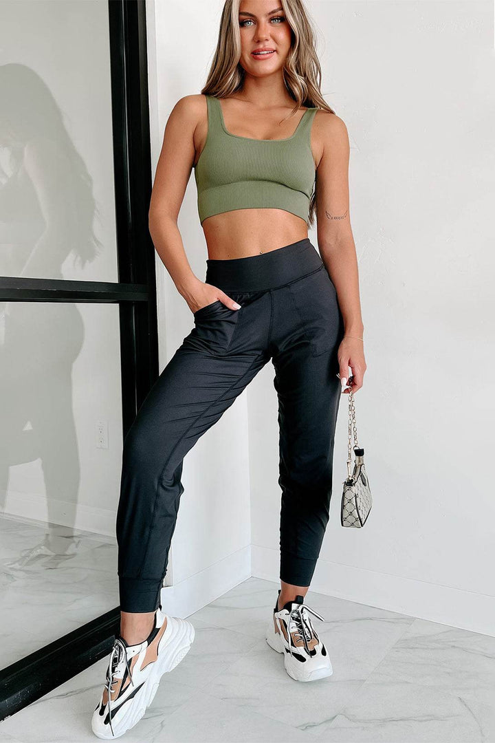 Black Exposed Seam High Waist Pocketed Joggers - Fashion Queen -  6