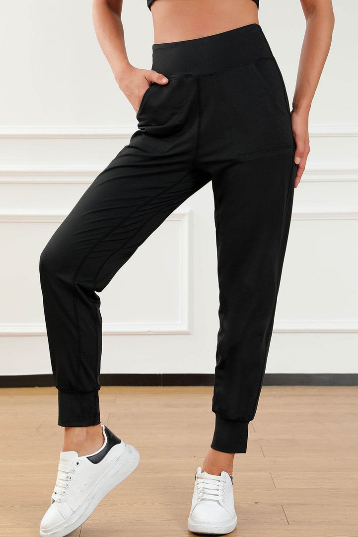 Black Exposed Seam High Waist Pocketed Joggers - Fashion Queen -  7