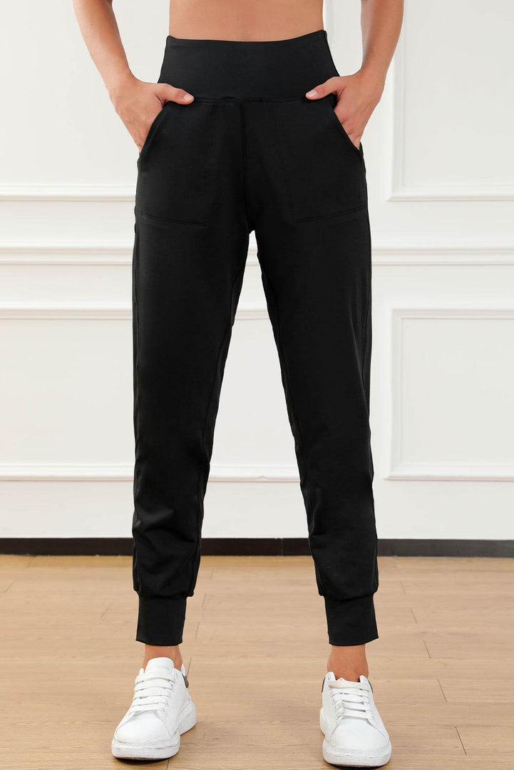 Black Exposed Seam High Waist Pocketed Joggers - Fashion Queen -  9
