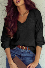 Load image into Gallery viewer, Black Eyelet Pattern Detail V Neck Drop Shoulder Sweater - Fashion Queen -  1
