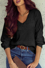 Black Eyelet Pattern Detail V Neck Drop Shoulder Sweater - Fashion Queen -  1