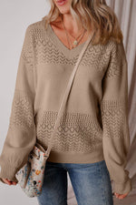 Load image into Gallery viewer, Black Eyelet Pattern Detail V Neck Drop Shoulder Sweater - Fashion Queen -  10
