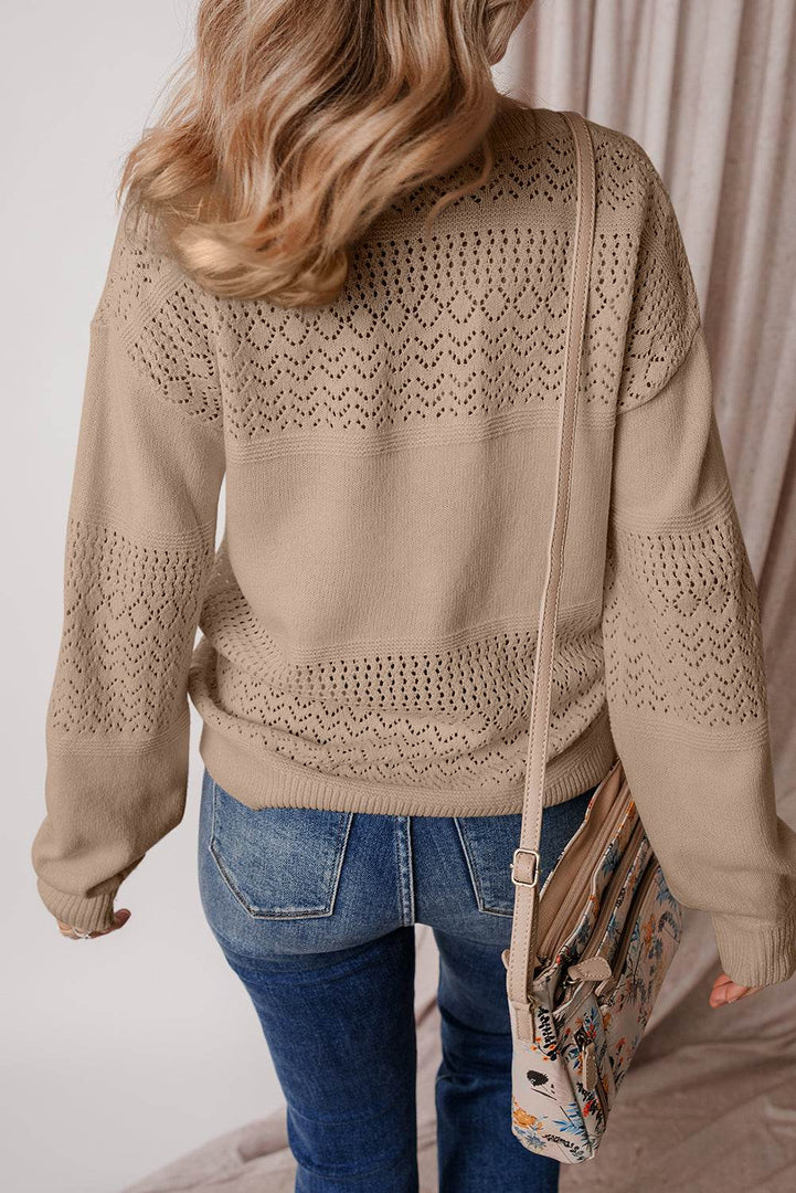 Black Eyelet Pattern Detail V Neck Drop Shoulder Sweater - Fashion Queen -  11