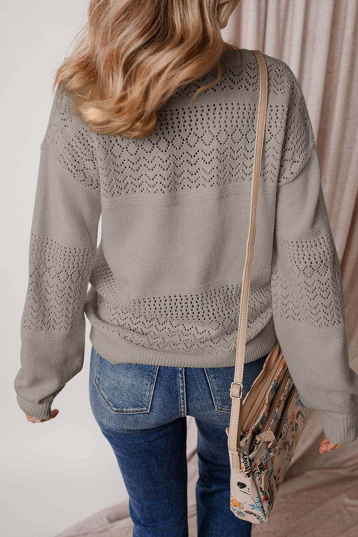 Black Eyelet Pattern Detail V Neck Drop Shoulder Sweater - Fashion Queen -  14