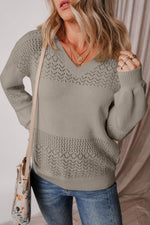 Load image into Gallery viewer, Black Eyelet Pattern Detail V Neck Drop Shoulder Sweater - Fashion Queen -  15
