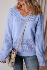 Load image into Gallery viewer, Black Eyelet Pattern Detail V Neck Drop Shoulder Sweater - Fashion Queen -  16
