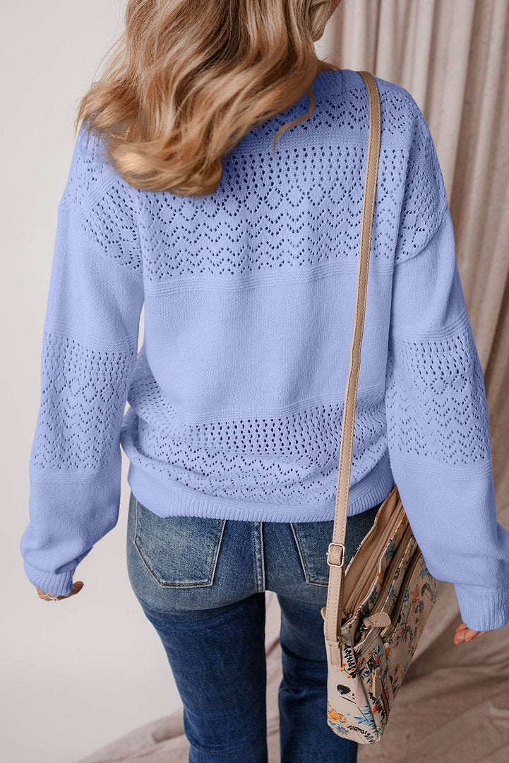 Black Eyelet Pattern Detail V Neck Drop Shoulder Sweater - Fashion Queen -  17