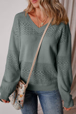 Load image into Gallery viewer, Black Eyelet Pattern Detail V Neck Drop Shoulder Sweater - Fashion Queen -  19
