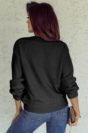 Black Eyelet Pattern Detail V Neck Drop Shoulder Sweater - Fashion Queen -  2