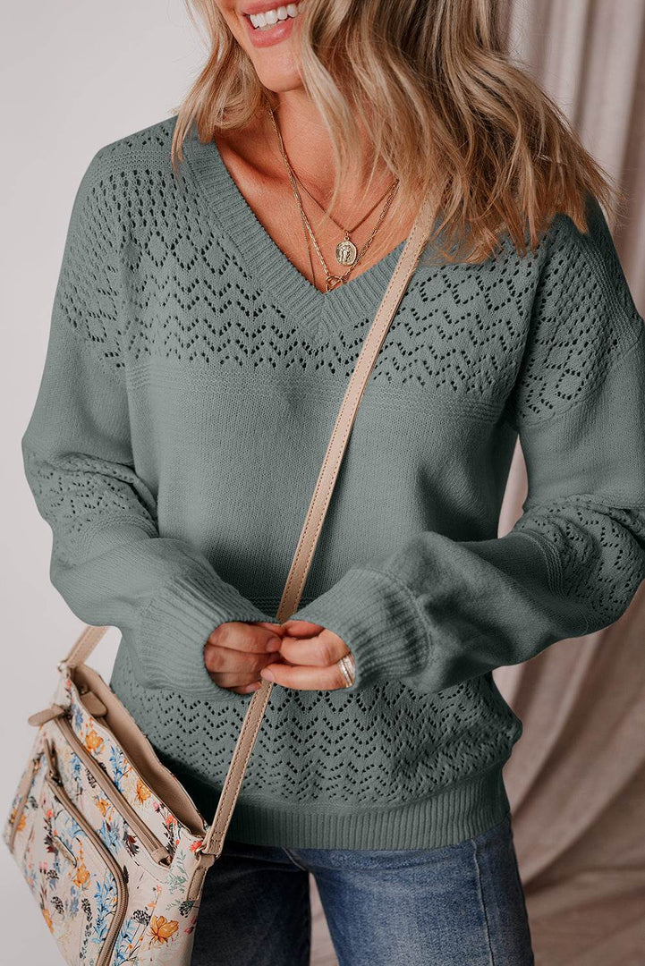 Black Eyelet Pattern Detail V Neck Drop Shoulder Sweater - Fashion Queen -  21