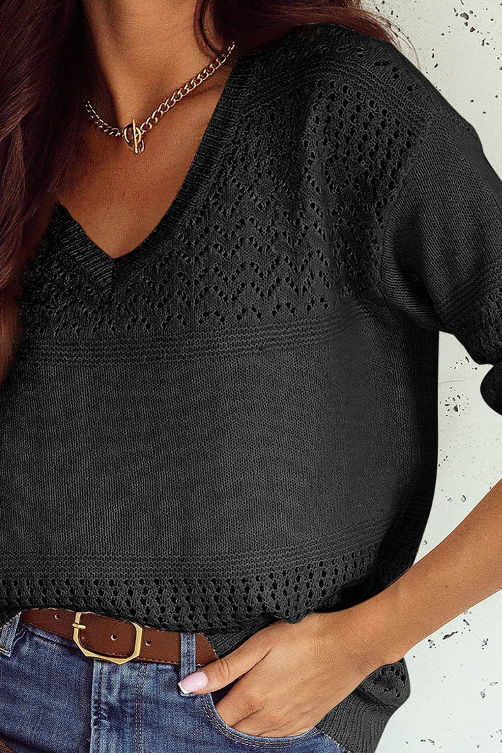 Black Eyelet Pattern Detail V Neck Drop Shoulder Sweater - Fashion Queen -  23