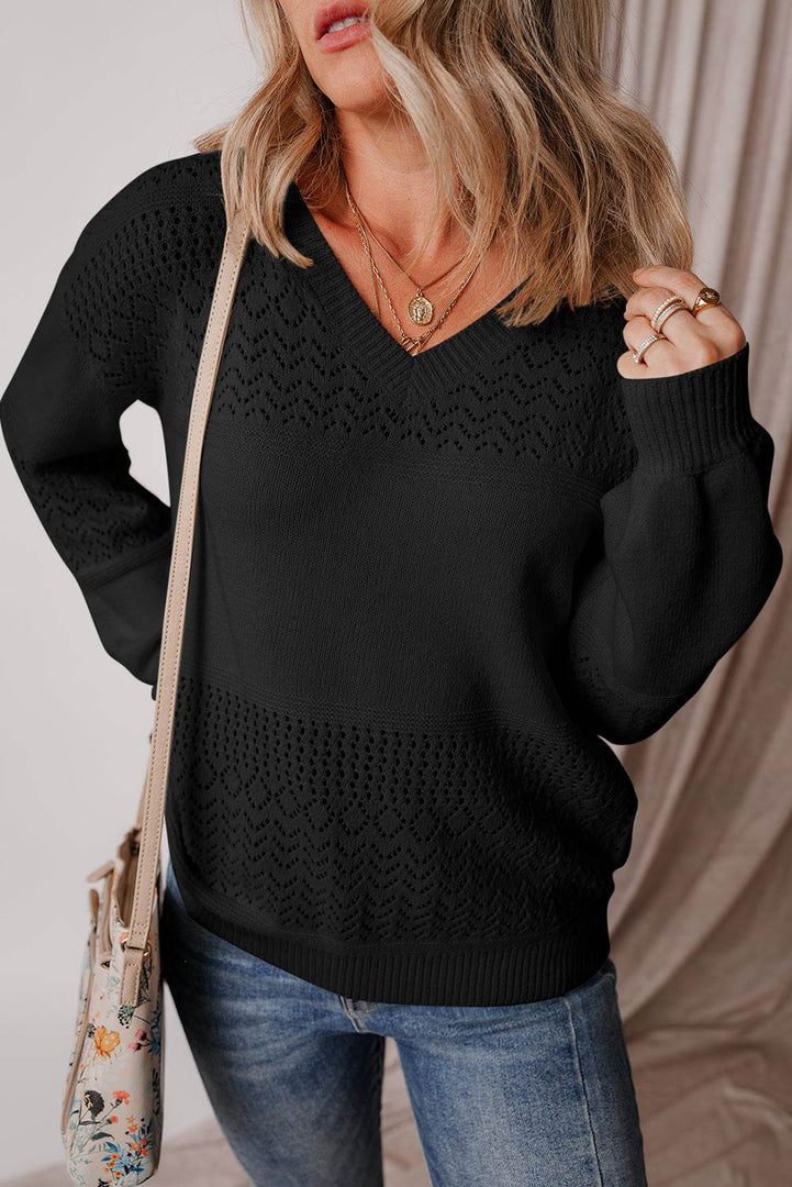 Black Eyelet Pattern Detail V Neck Drop Shoulder Sweater - Fashion Queen -  25
