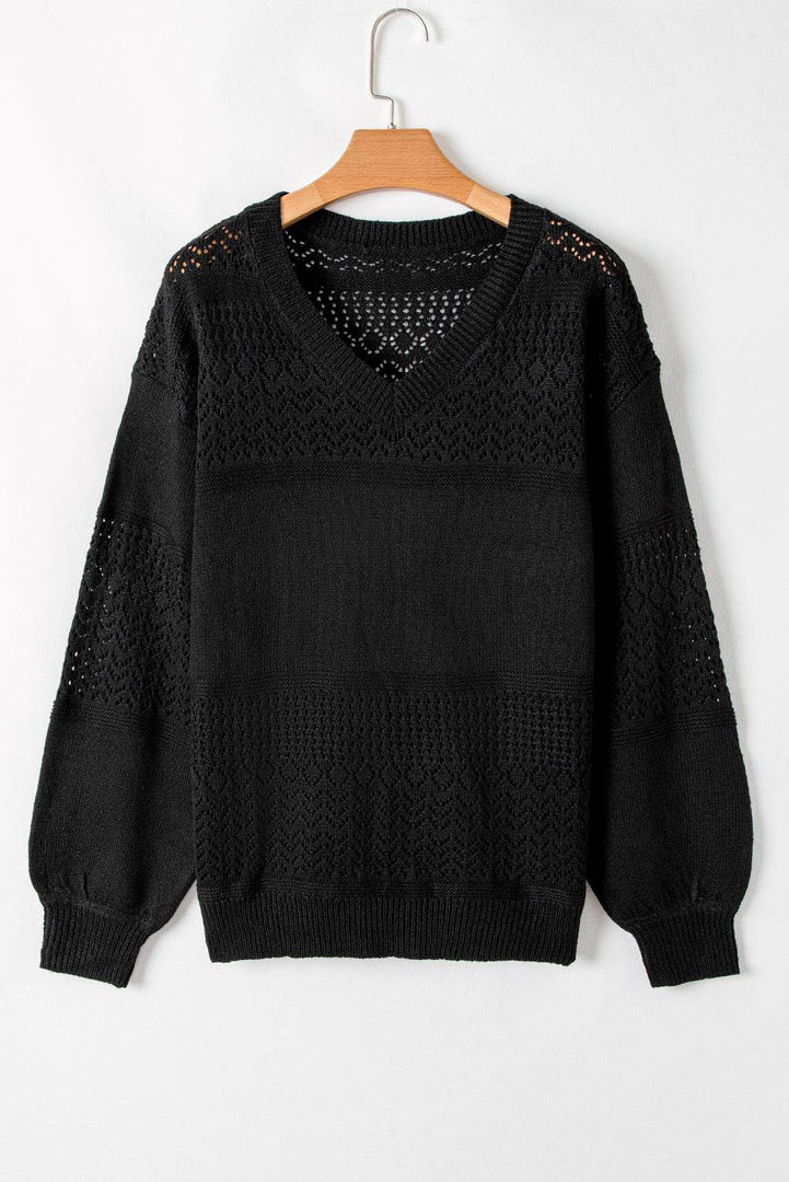Black Eyelet Pattern Detail V Neck Drop Shoulder Sweater - Fashion Queen -  26