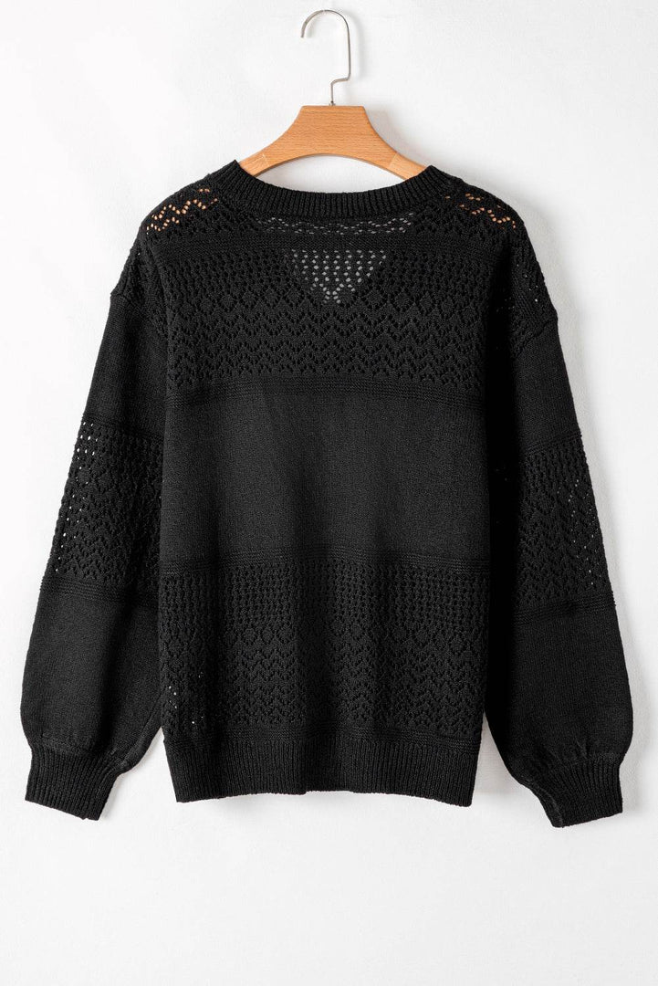 Black Eyelet Pattern Detail V Neck Drop Shoulder Sweater - Fashion Queen -  27