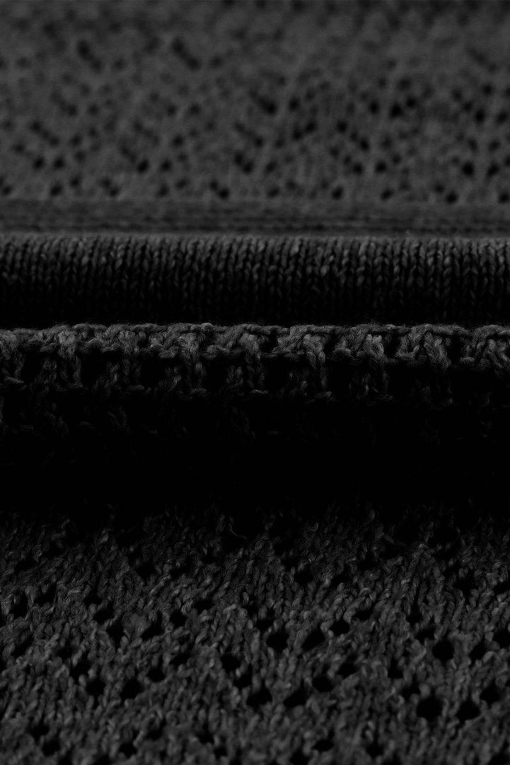 Black Eyelet Pattern Detail V Neck Drop Shoulder Sweater - Fashion Queen -  30
