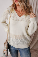 Load image into Gallery viewer, Black Eyelet Pattern Detail V Neck Drop Shoulder Sweater - Fashion Queen -  4
