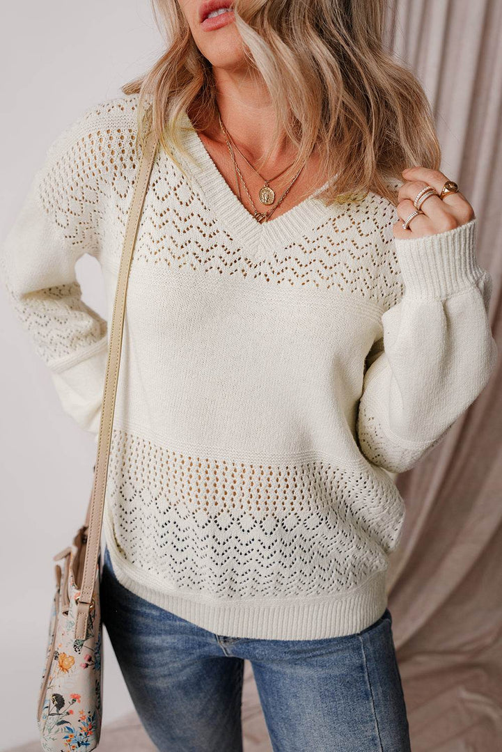 Black Eyelet Pattern Detail V Neck Drop Shoulder Sweater - Fashion Queen -  4