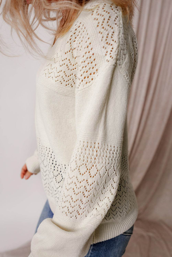 Black Eyelet Pattern Detail V Neck Drop Shoulder Sweater - Fashion Queen -  6