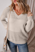 Load image into Gallery viewer, Black Eyelet Pattern Detail V Neck Drop Shoulder Sweater - Fashion Queen -  7
