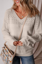 Load image into Gallery viewer, Black Eyelet Pattern Detail V Neck Drop Shoulder Sweater - Fashion Queen -  9
