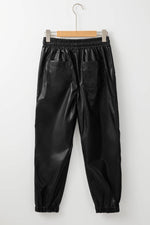 Load image into Gallery viewer, Black Faux Leather Ankle Smocked Waist Drawstring Joggers - Fashion Queen -  10
