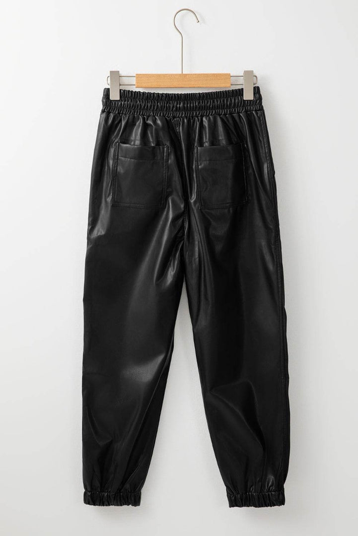 Black Faux Leather Ankle Smocked Waist Drawstring Joggers - Fashion Queen -  10