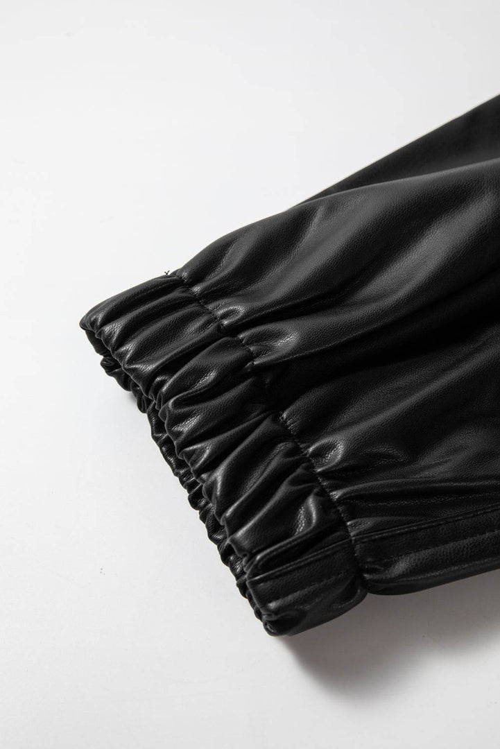 Black Faux Leather Ankle Smocked Waist Drawstring Joggers - Fashion Queen -  12