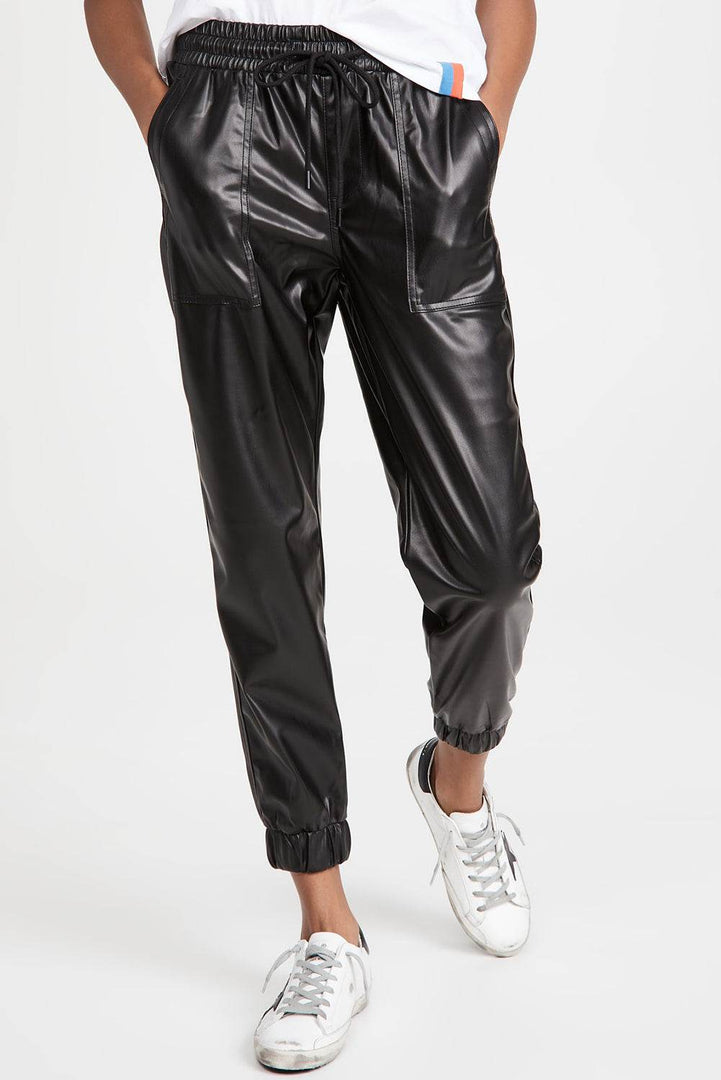 Black Faux Leather Ankle Smocked Waist Drawstring Joggers - Fashion Queen -  3