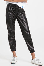 Load image into Gallery viewer, Black Faux Leather Ankle Smocked Waist Drawstring Joggers - Fashion Queen -  5
