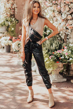 Load image into Gallery viewer, Black Faux Leather Ankle Smocked Waist Drawstring Joggers - Fashion Queen -  7
