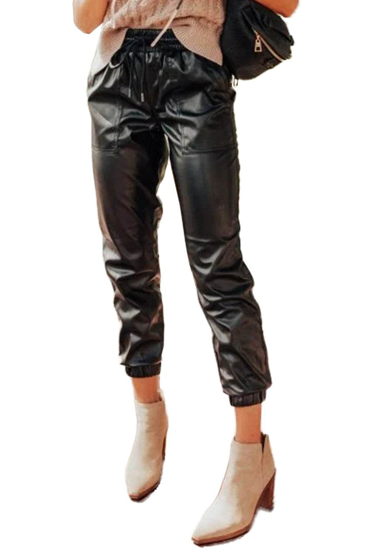 Black Faux Leather Ankle Smocked Waist Drawstring Joggers - Fashion Queen -  8
