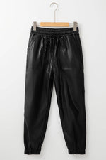 Load image into Gallery viewer, Black Faux Leather Ankle Smocked Waist Drawstring Joggers - Fashion Queen -  9
